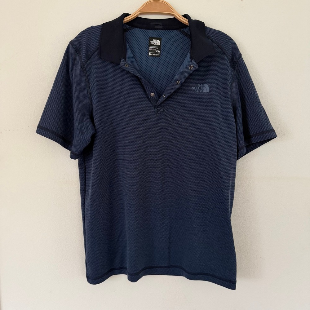 The North Face Mens FlashDry Polo Shirt Navy Blue Stripe Snap Button Medium
